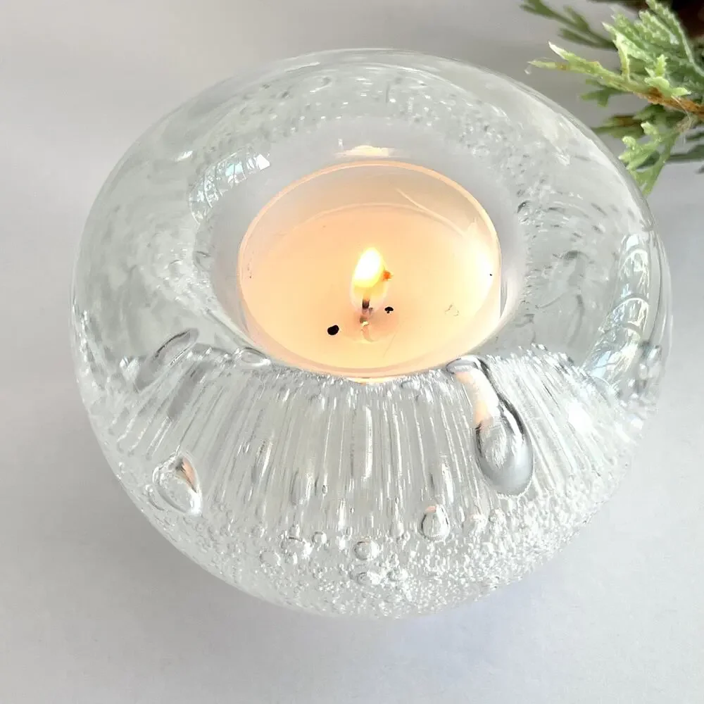 Hand Blown Clear Art Glass Large and Small Bubbles Candle Holder Paperweight